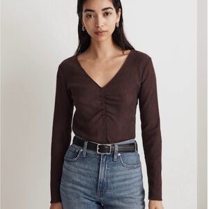 Madewell Shirred V-Neck Long Sleeve Top